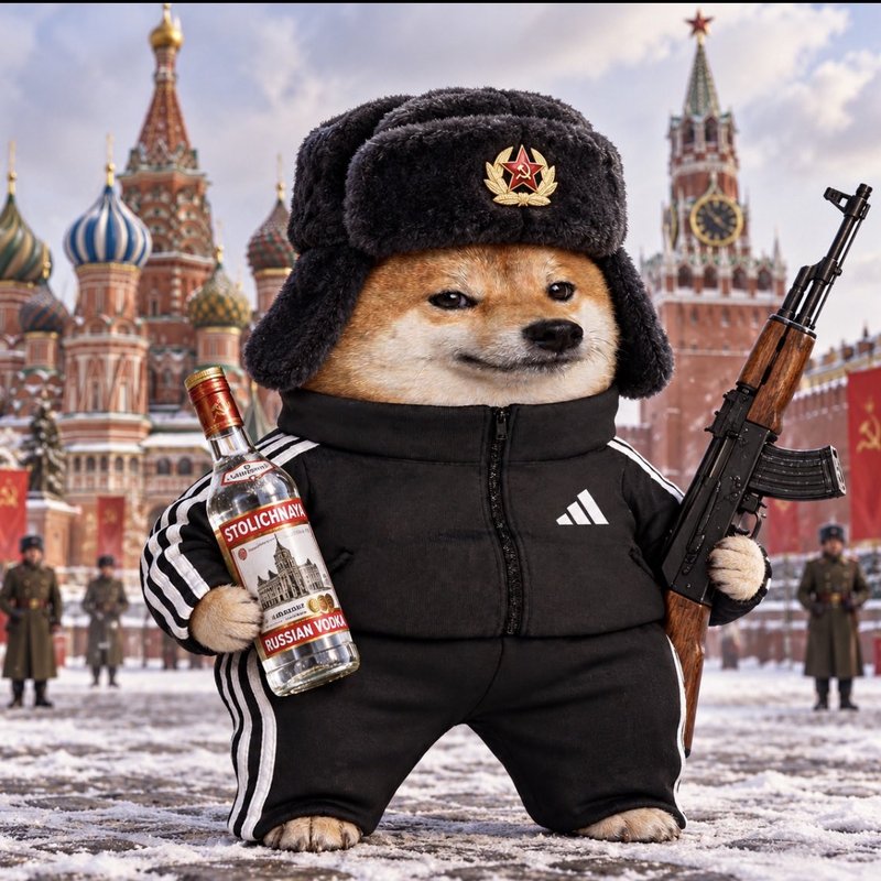 Slav Cheebs in an ushanka and a black tracksuit on Red Square, vodka in one paw, AK in the other